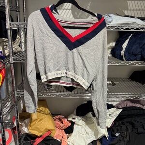 Tommy Hilfiger Gray and Red V-Neck Long Sleeve Top